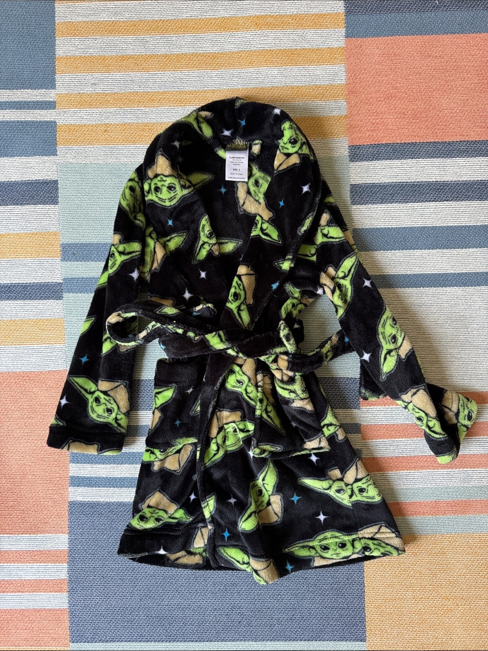 Star Wars Black Fleece Robe with Green The Child Faces and Blue Stars